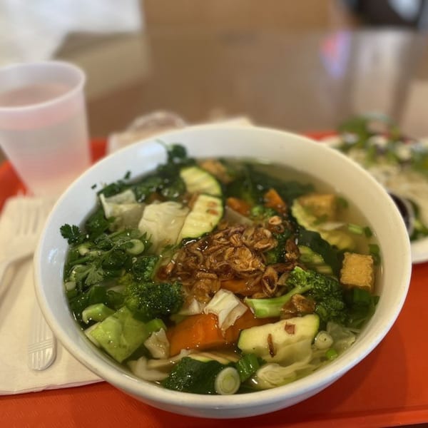 A bowl of Big Bites Vietnamese Eatery's vegetarian pho with various vegetables and fried onions.